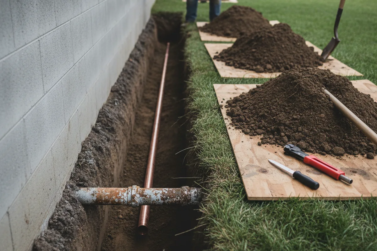 Excavated water line trench during Sewer Line Repair in San Simon